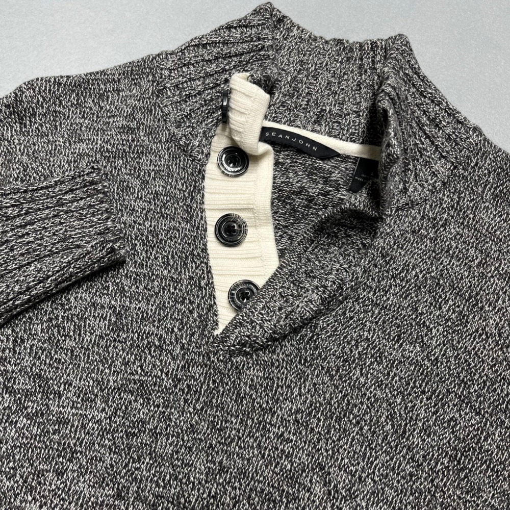 New Sean John‎  Knit rugby Mock Neck  Large Button Up Sweater Fleck Gray Cotton